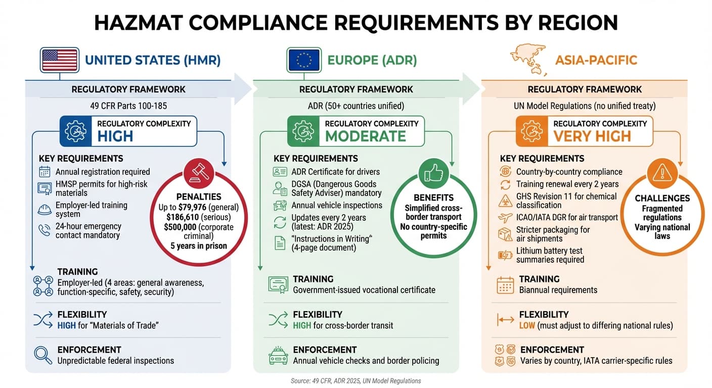 Hazmat Compliance Requirements Comparison: US vs Europe vs Asia-Pacific
